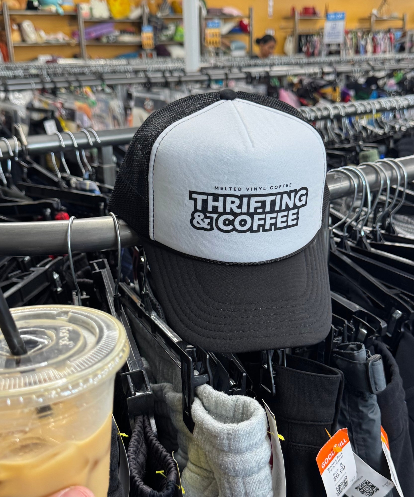 "Thrifting & Coffee" Trucker Hat - Black/White