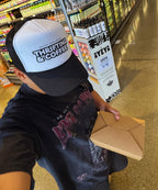 "Thrifting & Coffee" Trucker Hat - Black/White
