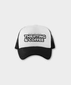 "Thrifting & Coffee" Trucker Hat - Black/White
