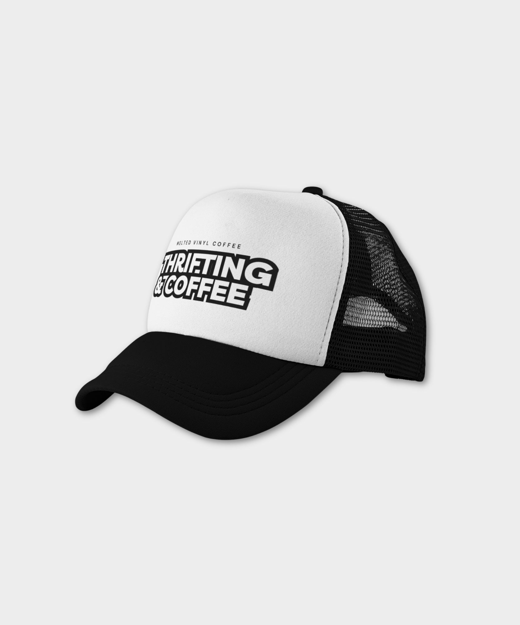"Thrifting & Coffee" Trucker Hat - Black/White