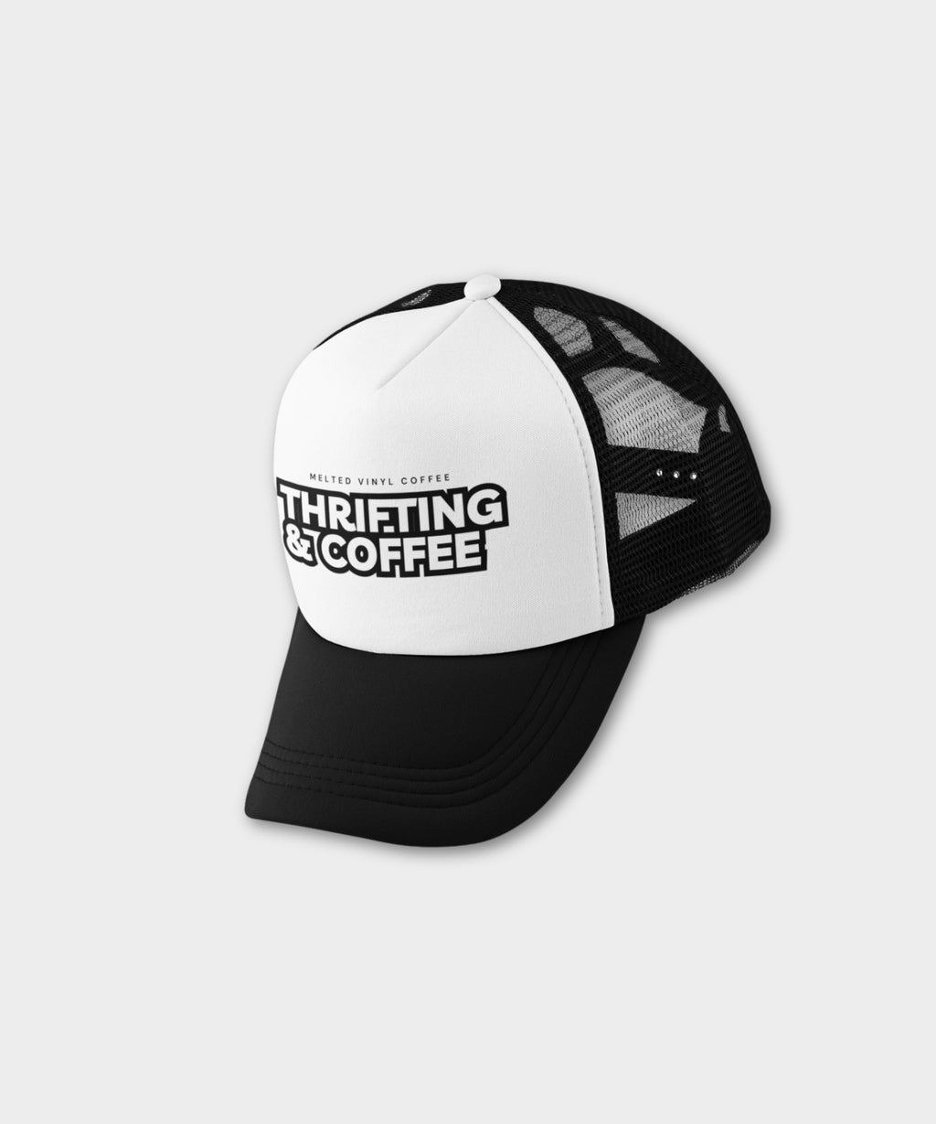 "Thrifting & Coffee" Trucker Hat - Black/White